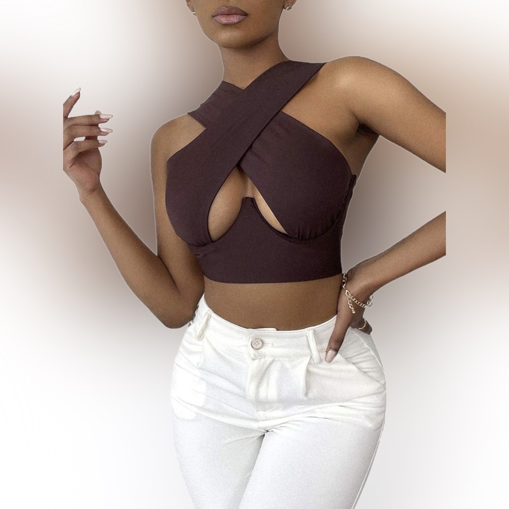 Chic Plus Size Brown Criss Cross Halter Wrap Crop Top